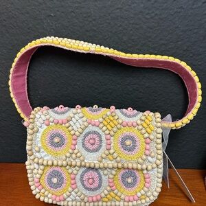 Handmade India Pink Yellow Geo Viral TikTok Wooden Beaded Shoulder Bag NWT